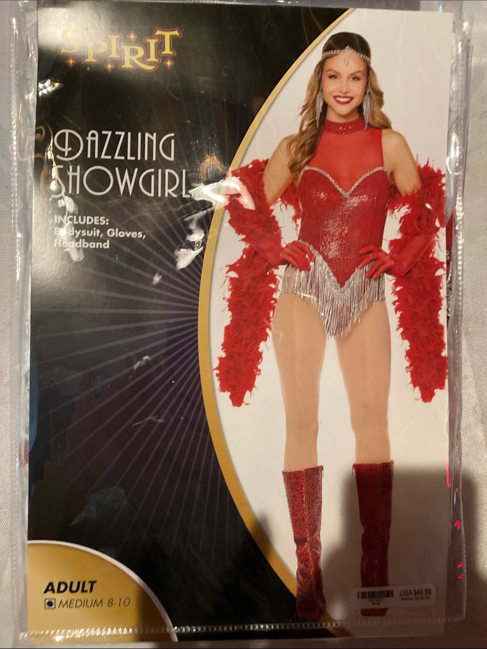 Adult Dazzling Showgirl Costume Bodysuit Gloves Headband Medium